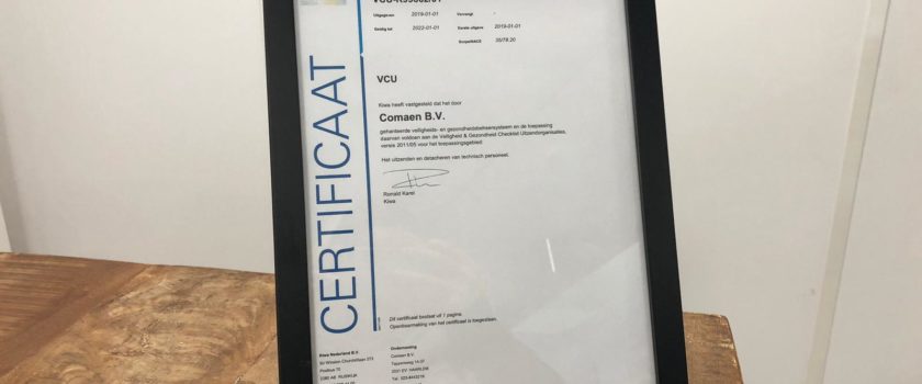 Certificering VCU van Comaen ingelijst