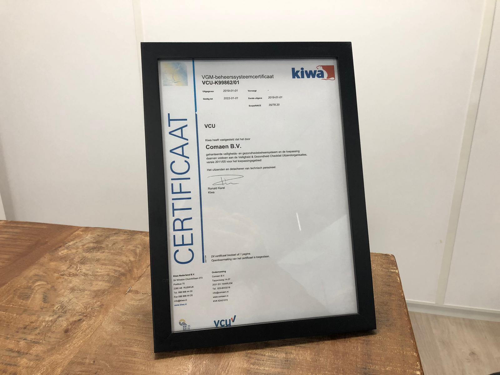 Certificering VCU van Comaen ingelijst